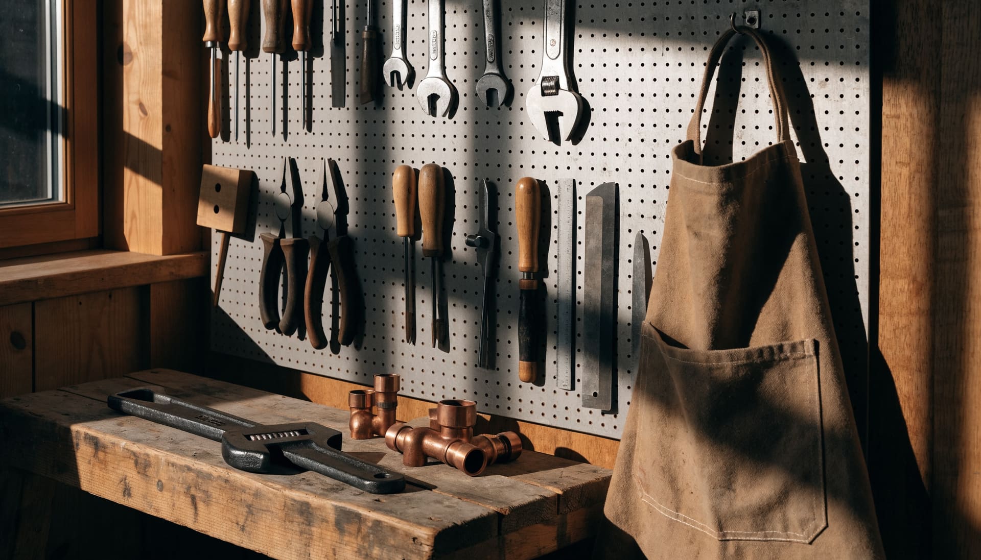 A canvas work apron and hand tools on a pegboard (representative image)