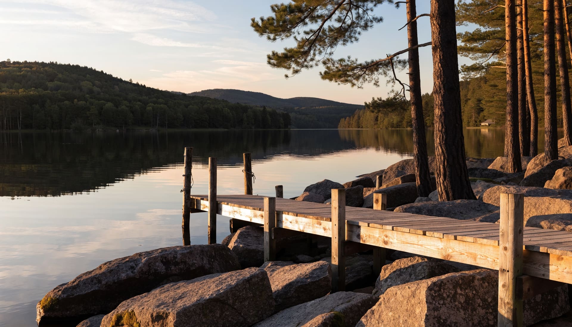 A wooden dock on a calm lake at golden hour (representative image)