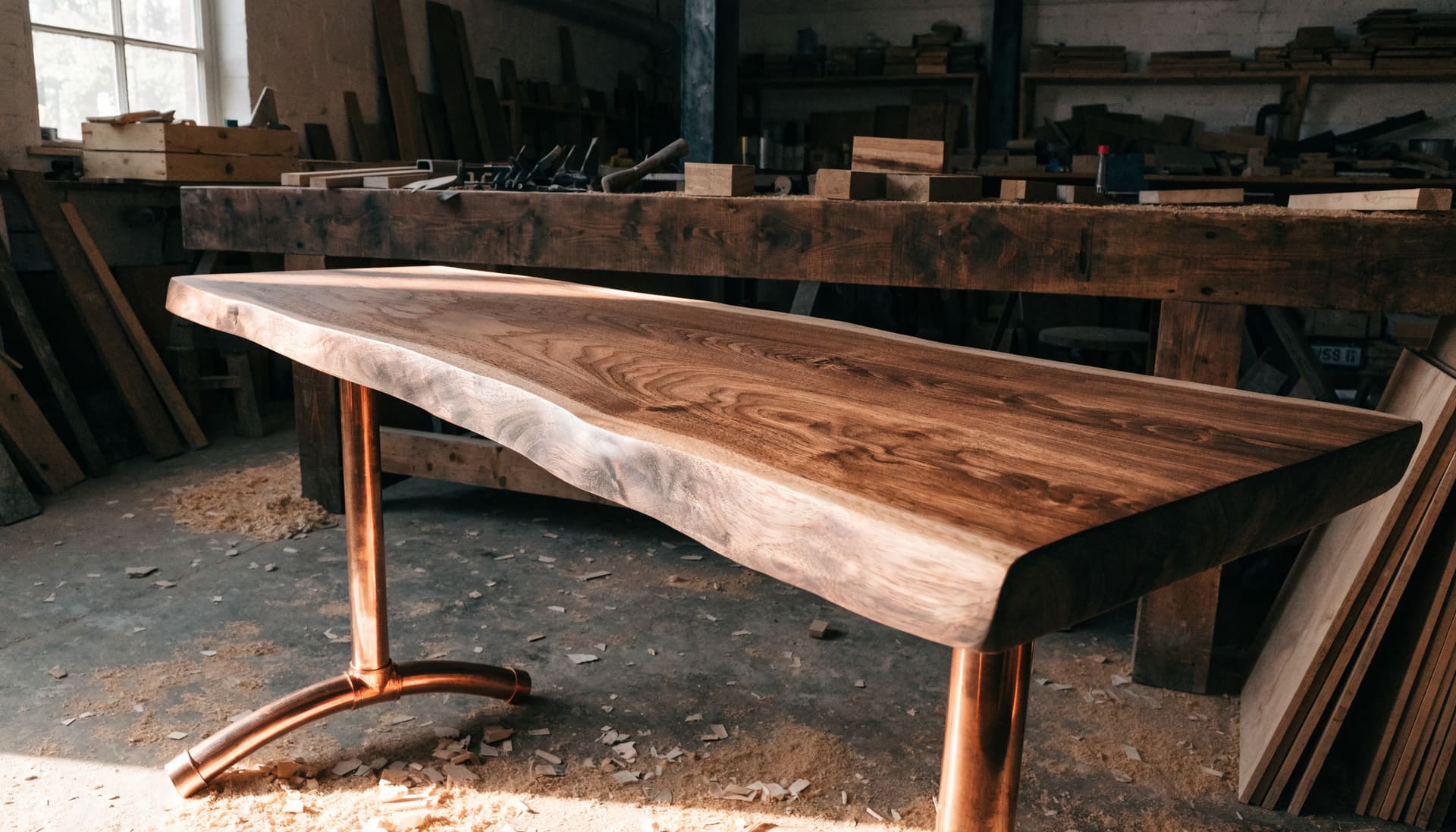 A console table with a walnut top and copper pipe legs (representative image)