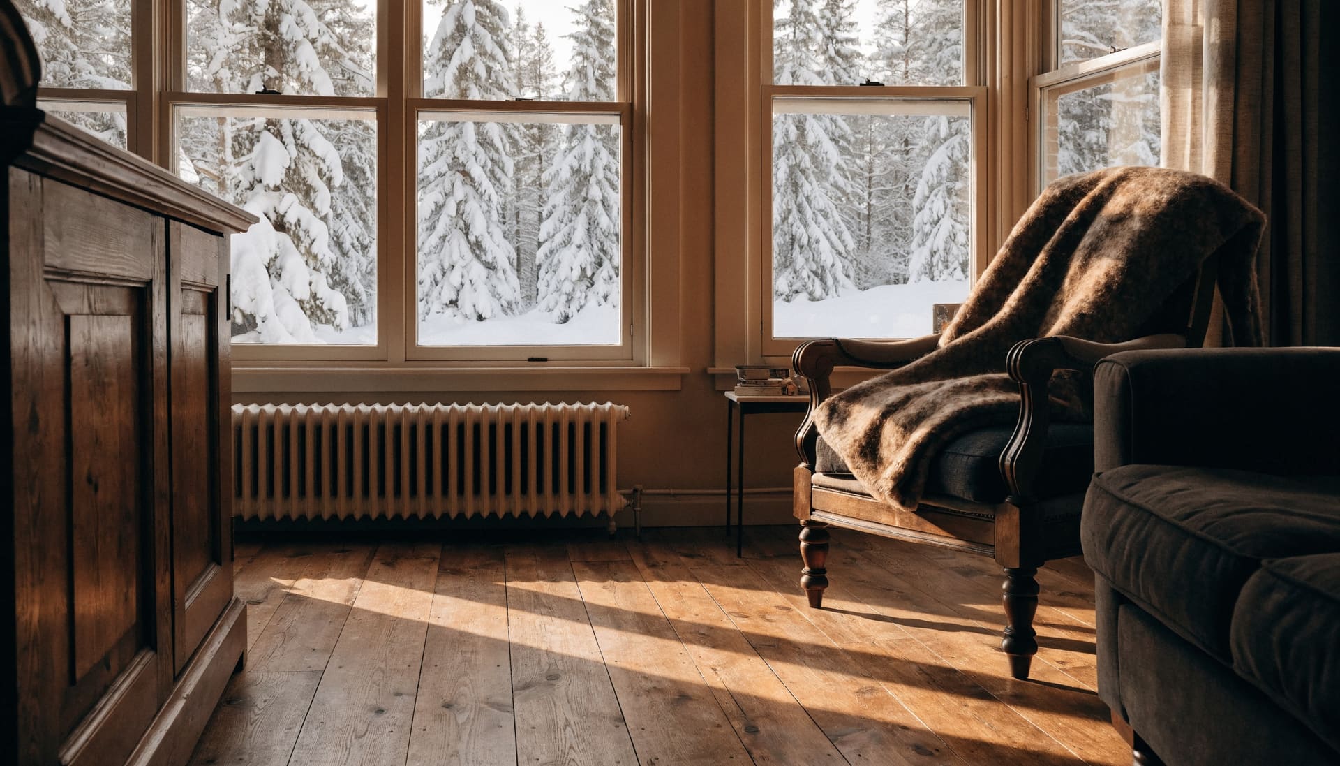 A cast-iron radiator under a window in winter (representative image)