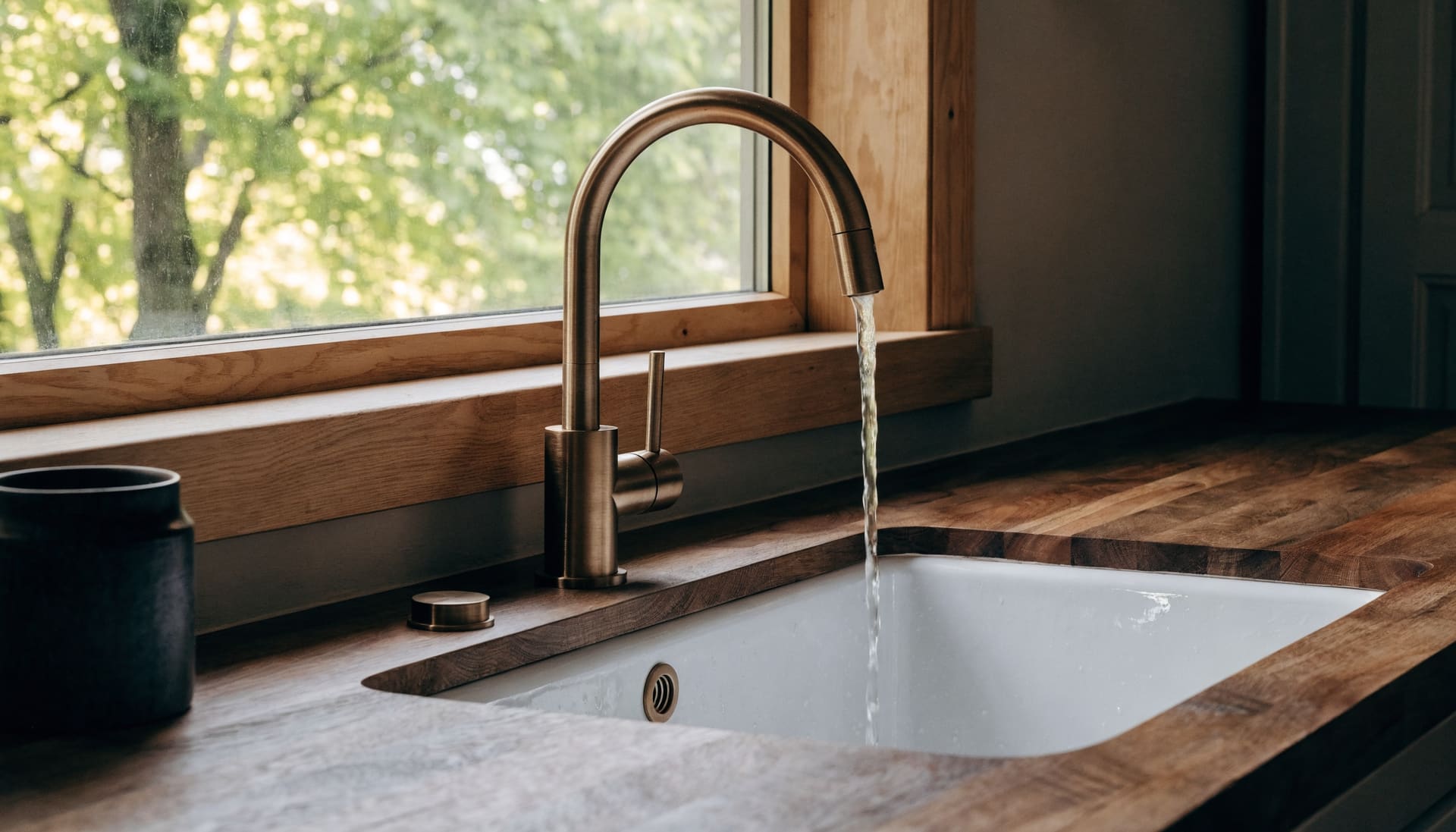 A farmhouse kitchen sink with a brass tap (representative image)
