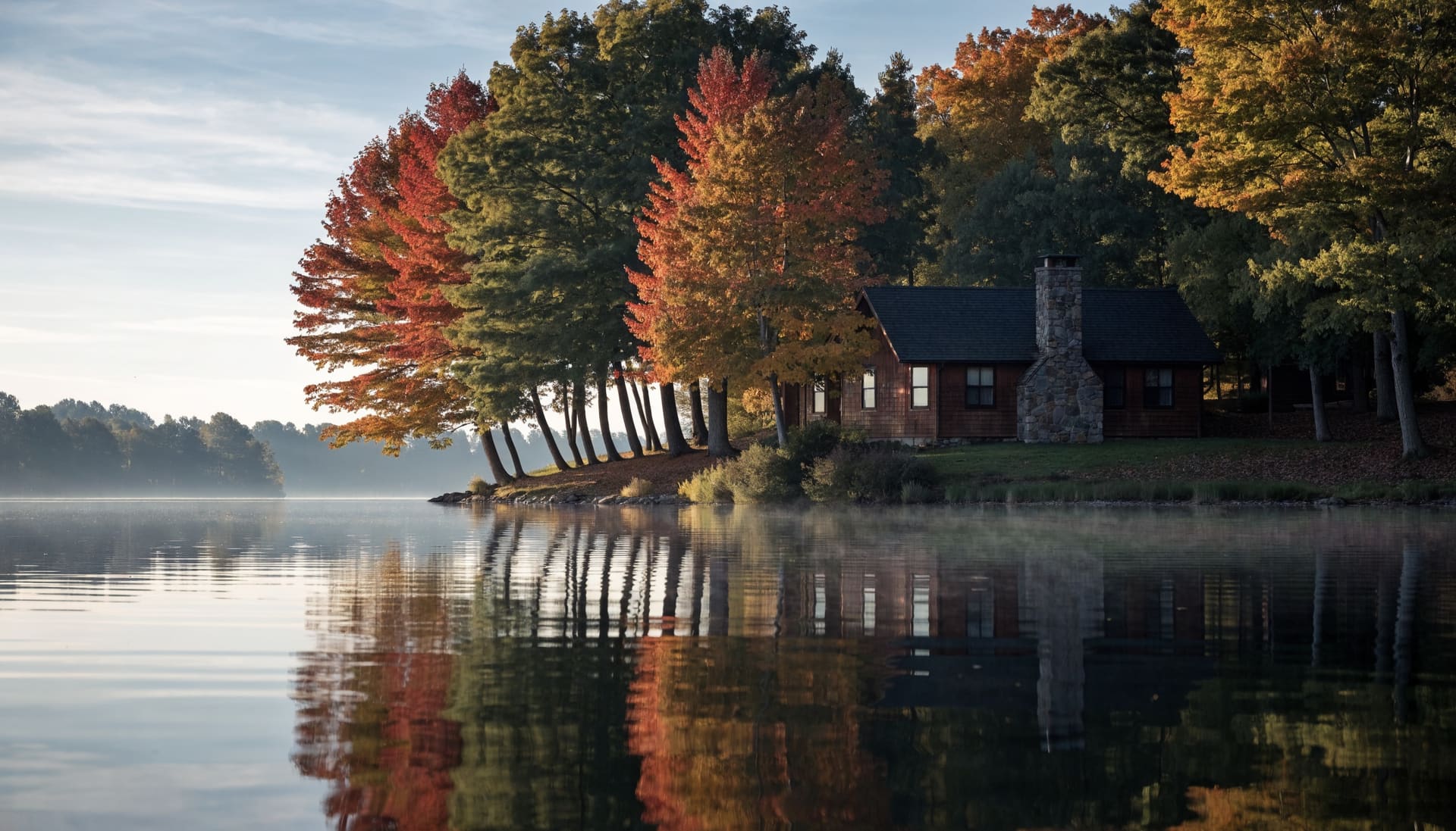 A lakeside cottage in autumn (representative image)