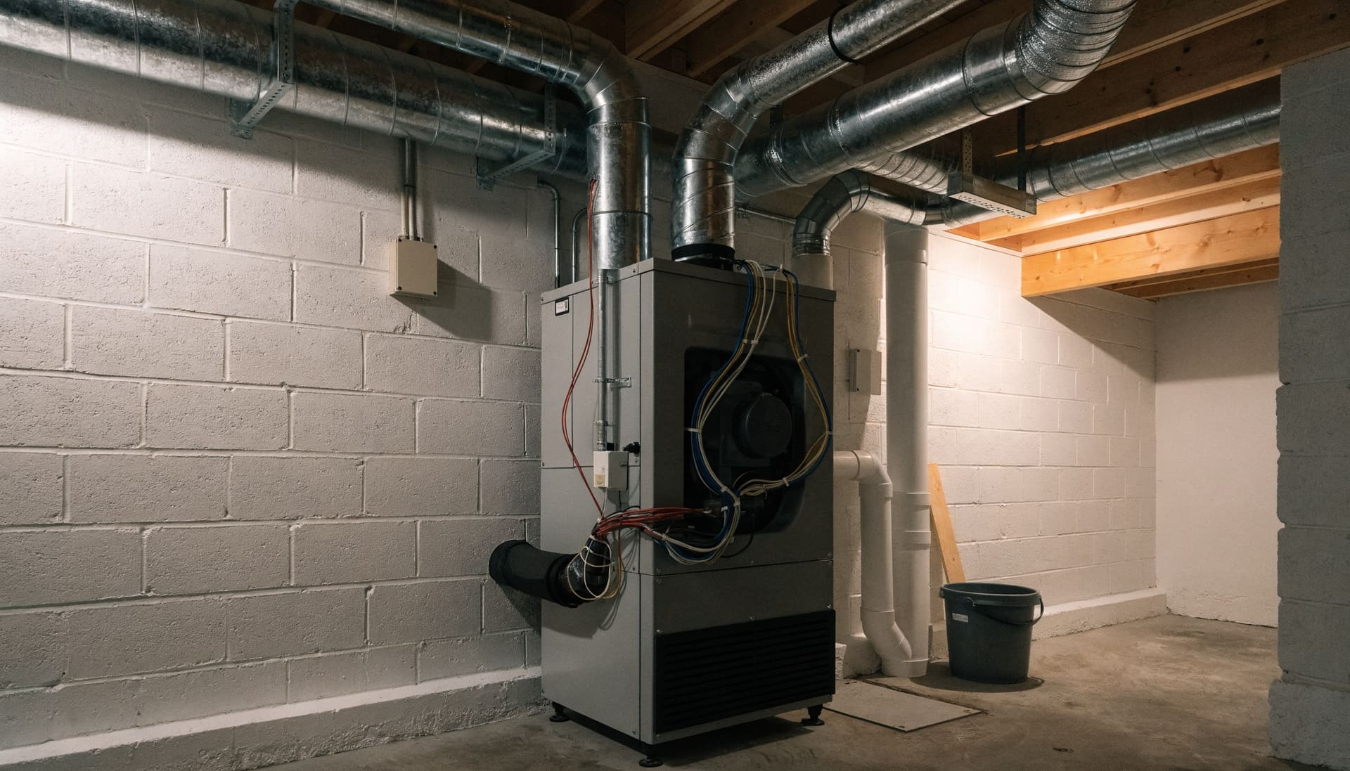 A high-efficiency furnace in a basement utility room (representative image)