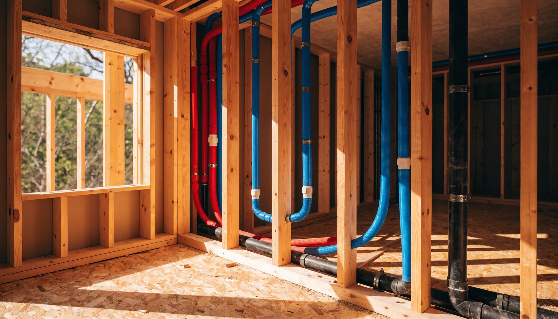 New water and drain lines roughed in through wooden studs (representative image)
