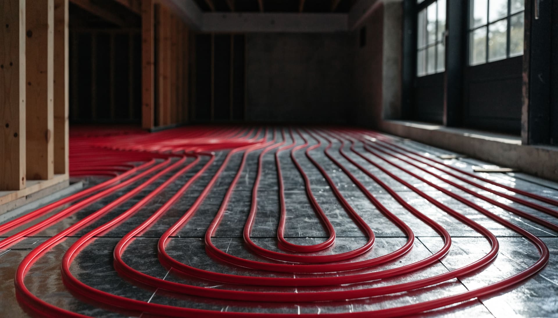 Radiant floor heating tubing laid before a concrete pour (representative image)